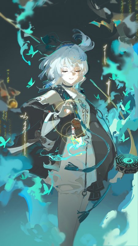 鸣潮白发道士少女闭眼微笑青蓝水墨风动漫手机壁纸