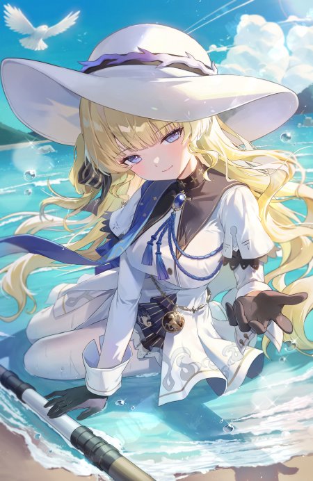 鸣潮金发少女白裙宽檐帽海滩蓝天动漫手机壁纸