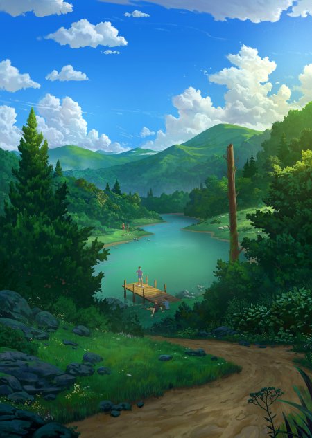 青山绿水湖畔木桥少年休憩蓝白清新风景手机壁纸