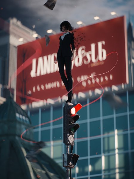 赛博朋克都市短发黑衣少女立于红灯交通信号杆上暗蓝霓虹科幻手机壁纸
