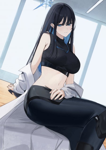 赛博朋克风格黑发蓝瞳少女坐姿露脐装冷调动漫手机壁纸