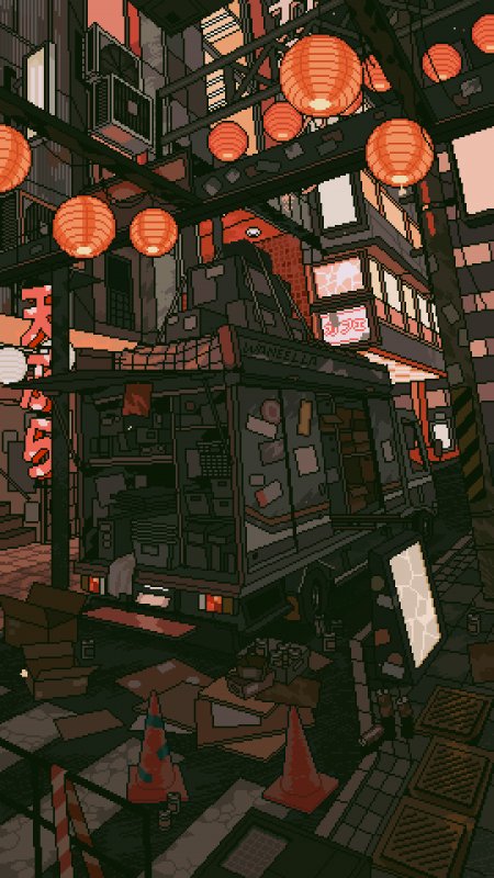 赛博朋克风格霓虹灯笼夜市街景橙红暗调创意手机壁纸