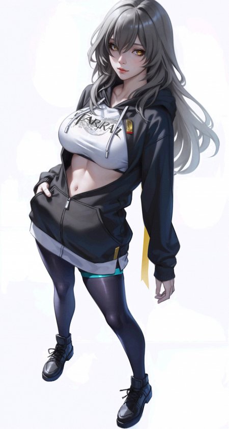 赛博朋克风格银发少女黄瞳露脐装黑灰连帽衫动漫手机壁纸