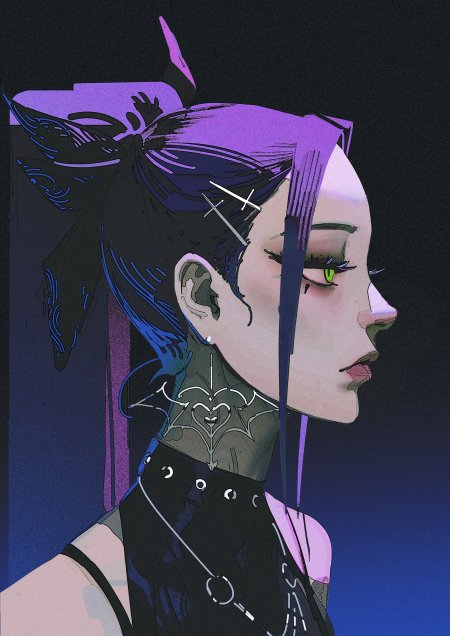 赛博朋克风格紫蓝发少女侧脸绿瞳暗黑动漫手机壁纸