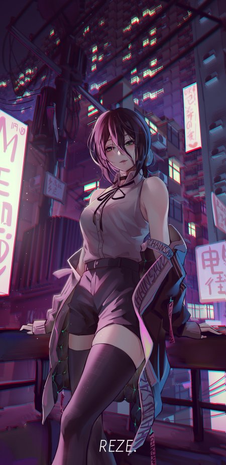 赛博朋克街道紫粉霓虹灯光下黑发绿眸少女倚栏动漫手机壁纸