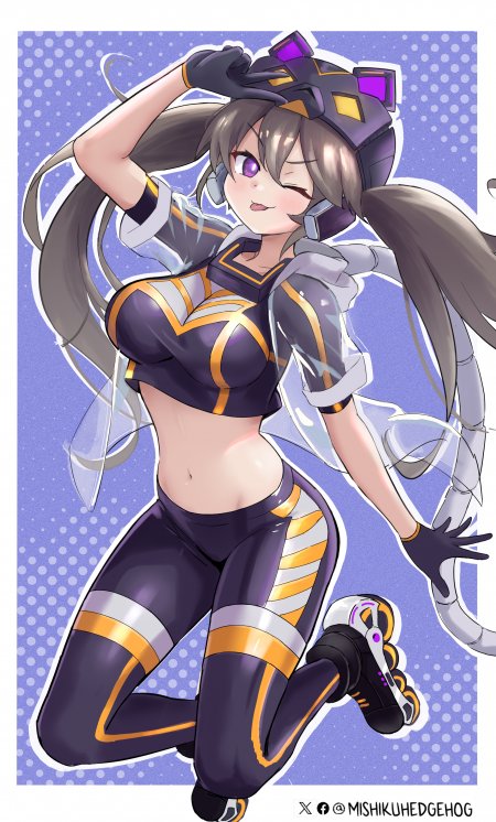 赛博朋克风格紫发少女姿态紫金配色动漫手机壁纸