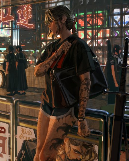 赛博朋克街头纹身少女黑衣红内搭霓虹夜景动漫手机壁纸