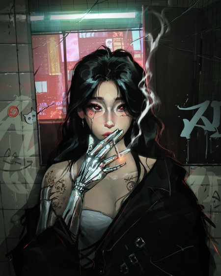 赛博朋克少女机械义手红瞳烟雾暗黑动漫手机壁纸