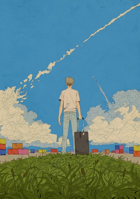 少年背影持行李箱眺望火箭升空蓝白清新动漫手机壁纸