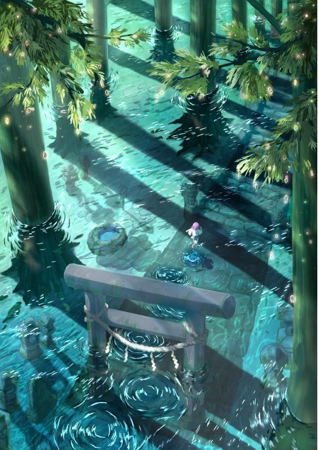 森林神社水潭少女踏波青绿梦幻动漫手机壁纸