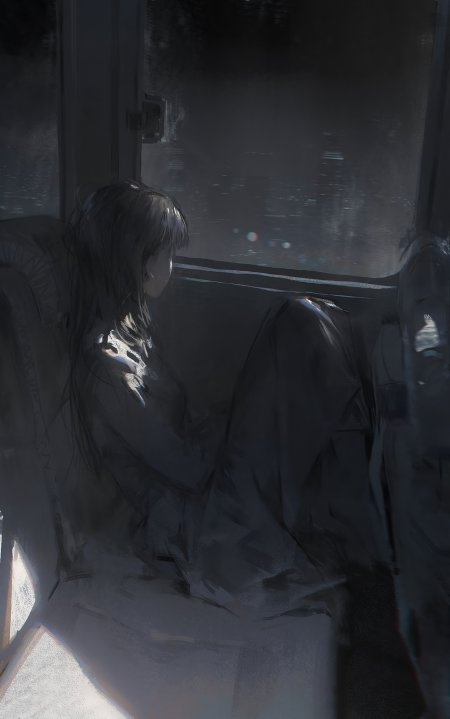 少女侧坐车窗凝望雨夜灰蓝情感文艺创意手机壁纸