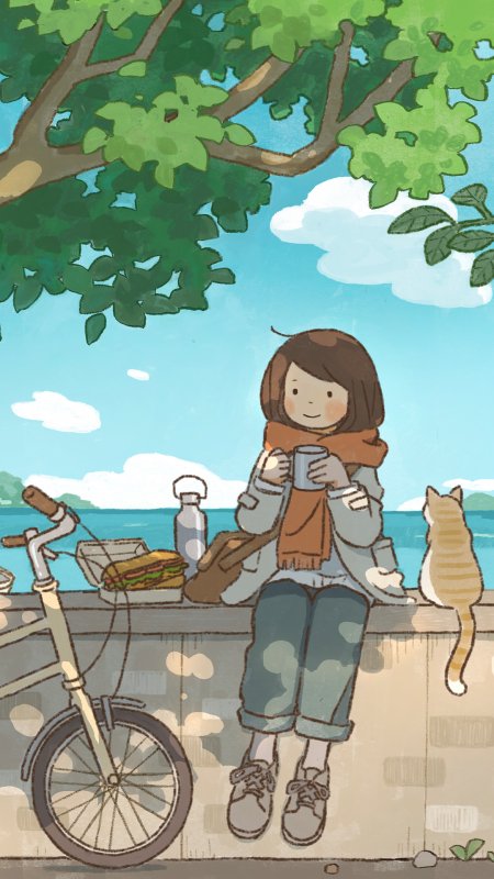 少女树荫下野餐捧杯微笑蓝绿清新插画创意手机壁纸