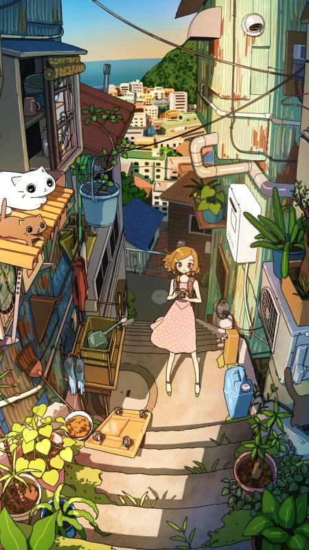 少女站在绿植环绕的坡道台阶上手持相机暖色调动漫手机壁纸
