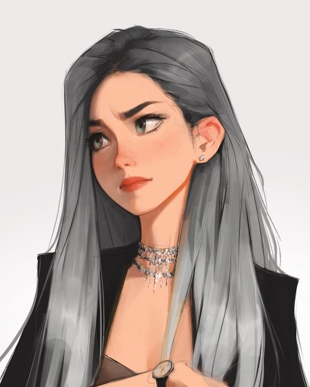 手绘灰发绿眼忧郁美女戴银色项链人物手机壁纸