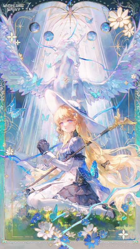 蔚蓝梦境少女持杖跪坐花海蝶舞梦幻插画创意手机壁纸