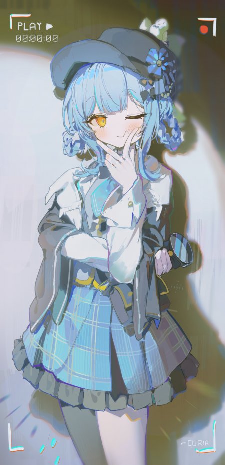 蔚蓝双马尾少女手势戴帽蓝白格裙动漫手机壁纸