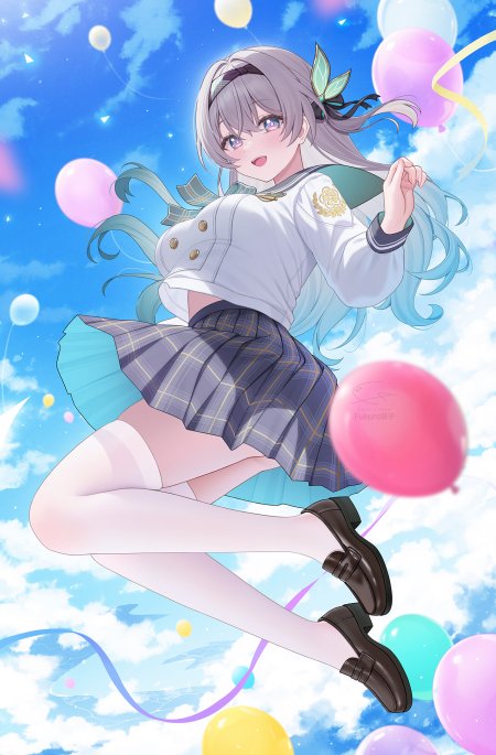 蔚蓝天空飘浮彩球银发少女水手服跃起粉紫动漫手机壁纸