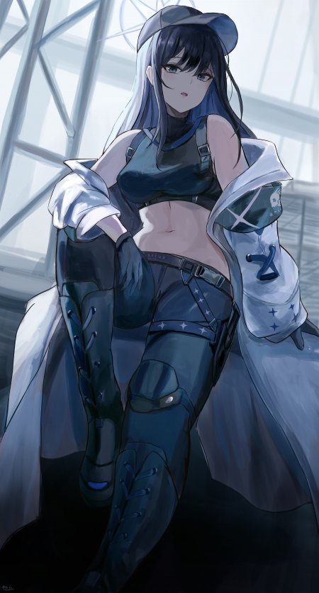 蔚蓝长发少女戴帽坐姿冷调动漫手机壁纸