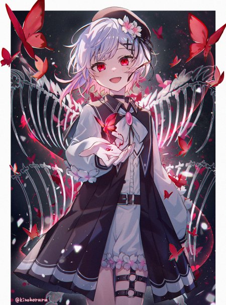 银发红瞳少女持蝶骷髅翼暗红幻想动漫手机壁纸