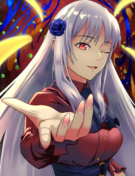 银发红瞳少女戴蓝玫瑰伸手暗红蓝紫动漫手机壁纸