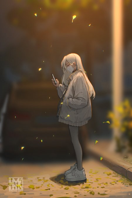 银发少女戴口罩看手机暖金创意插画手机壁纸