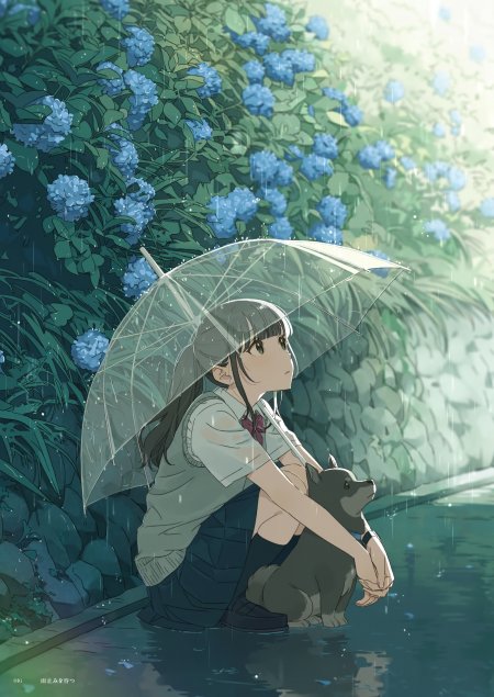雨中少女撑透明伞抱灰犬蓝绣球花丛青绿动漫手机壁纸