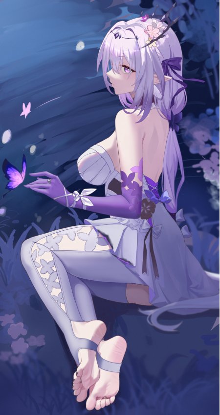 原神刻晴紫发蝴蝶精灵少女侧坐蓝紫梦幻动漫手机壁纸