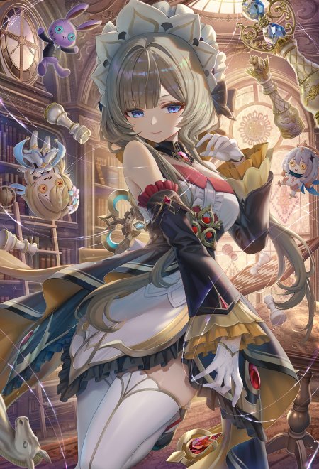 原神木偶少女女仆装棋子漂浮图书馆蓝金奇幻动漫手机壁纸