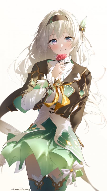 原神纳西妲白发绿裙持花微笑少女动漫手机壁纸