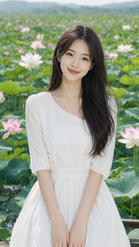 长发白衣女神坐莲池畔粉白花清纯美女手机壁纸