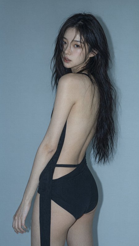 长发湿发黑裙侧身回眸冷调美女人物摄影手机壁纸