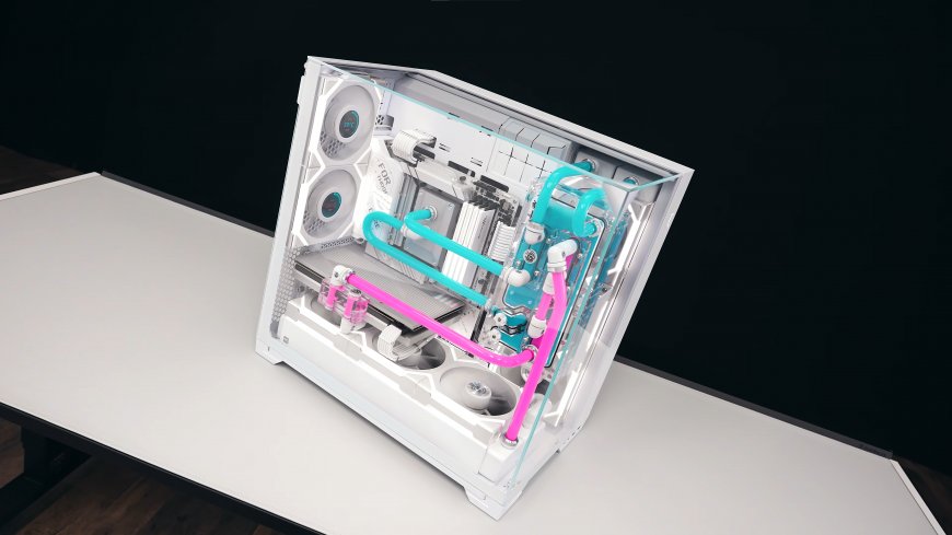 白色透明机箱粉色蓝管水冷系统炫彩科技感创意电脑壁纸