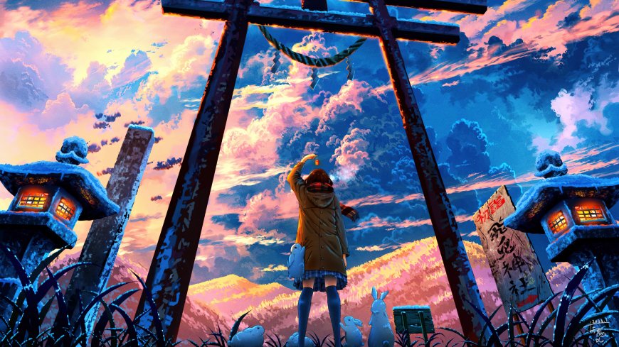 少女仰望鸟居雪夜神社粉紫蓝动漫电脑壁纸