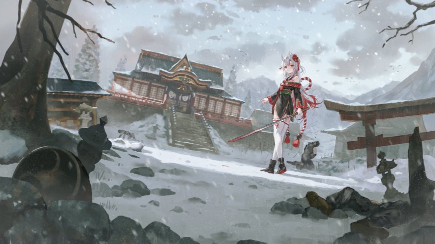 银发红饰少女持剑雪中神社古风动漫电脑壁纸