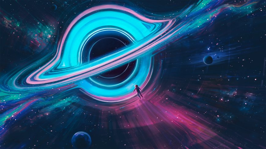 黑洞漩涡星云环绕宇航员深蓝粉紫太空科幻电脑壁纸