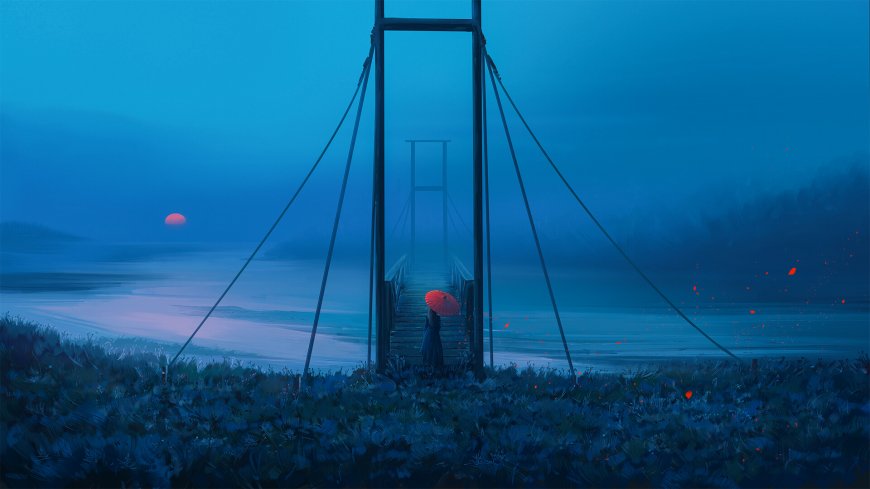 蓝雾悬桥红伞少女静立湖畔暗蓝创意插画电脑壁纸