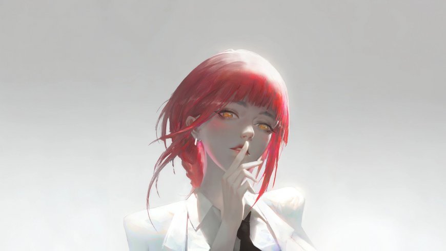 红发金瞳少女白衬衫轻触唇边柔光动漫电脑壁纸