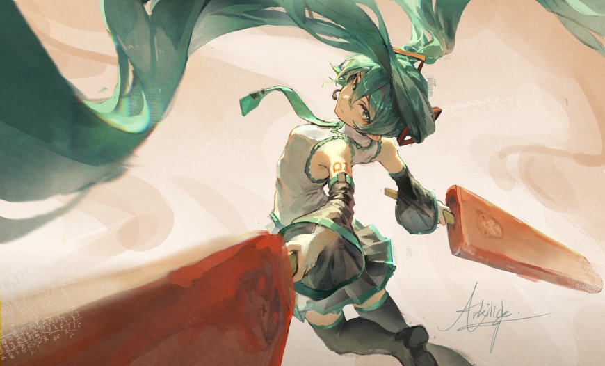 初音未来绿发双马尾持扇跃动青白动漫电脑壁纸