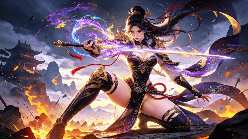 古风武侠黑金战姬持剑斩焰紫蓝光效动漫游戏角色电脑壁纸