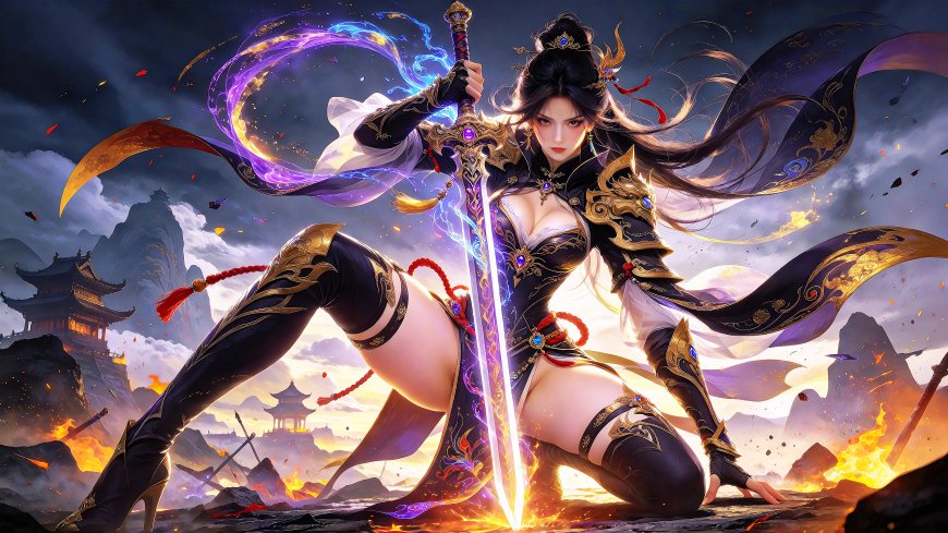 古风武侠黑金战甲持剑少女紫蓝光效动漫电脑壁纸