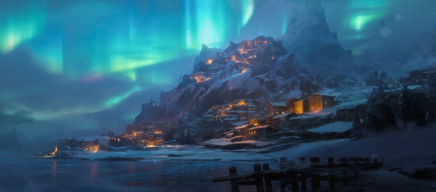 极光笼罩雪山村落暖黄蓝紫奇幻风景电脑壁纸