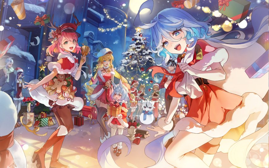 原神圣诞主题多位少女角色欢庆雪夜蓝金动漫电脑壁纸
