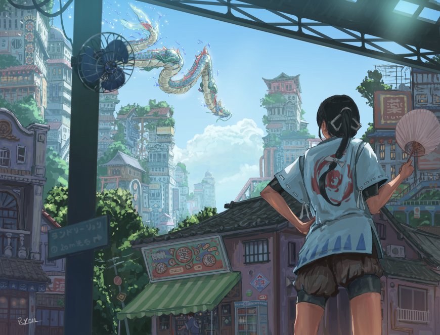 千与千寻风格少女持扇仰望飞龙青绿城市动漫电脑壁纸