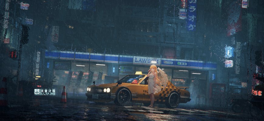 黄色出租车旁金发天使少女雨夜街景蓝紫动漫电脑壁纸