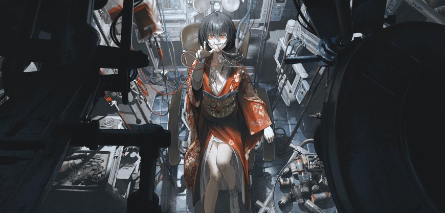 赛博朋克风格黑发红眼少女身着橙白和服坐于机械舱内暗蓝科幻电脑壁纸