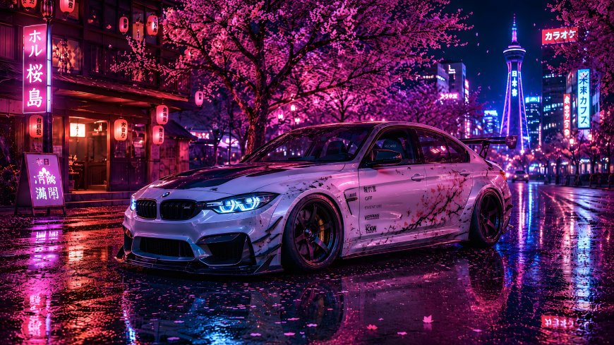 宝马M3樱花涂装改装车霓虹夜景紫蓝汽车电脑壁纸