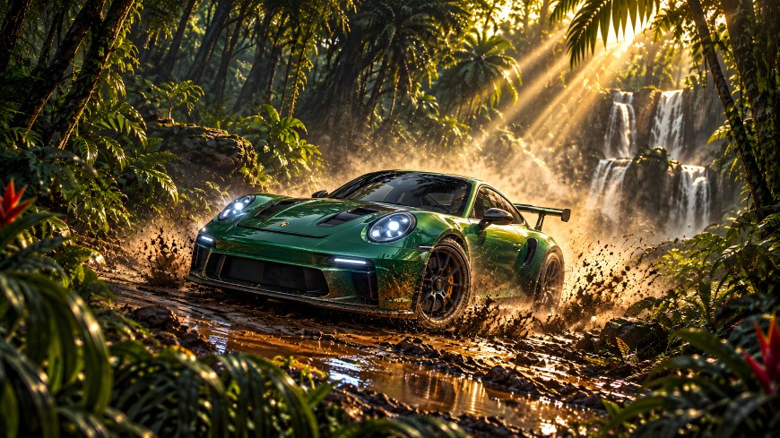保时捷911GT3RS绿色越野泥溅热带雨林瀑布光影汽车电脑壁纸
