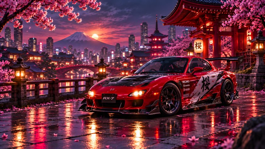 马自达RX7红色改装跑车樱花夜景富士山城市背景汽车电脑壁纸