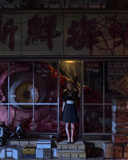 暗黑街道血迹斑驳少女持刀站立紫红诡异动漫手机壁纸