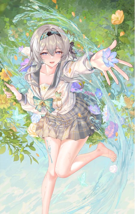 崩坏星穹铁道流萤春日水花JK少女水中伸展青绿花卉环绕唯美动漫手机壁纸